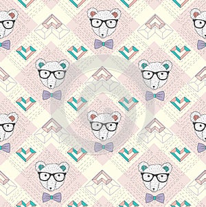 Seamless pattern with hipster polar bear