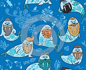 Seamless pattern with hipster walruses with beards and tattoos in cartoon style. Vector illustration in blue colors