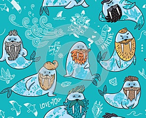 Seamless pattern with hipster walruses with beards and tattoos in cartoon style. Vector illustration in blue colors