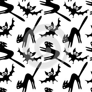 Seamless pattern with a hissing angry black witch cat and bats. Happy Halloween. Textured background for greeting card, invitation