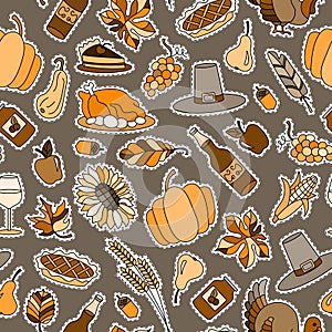 Seamless illustration  for holiday of Thanksgiving day, a simple hand-drawn patches icons on a brown background, Sepia,monochrome