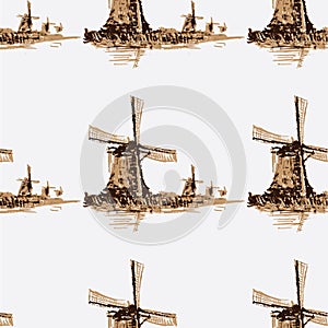 Seamless pattern Holland windmill.Watercolor