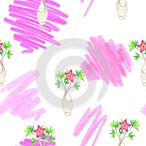 Seamless pattern with home plant adenium obesum with red flower.