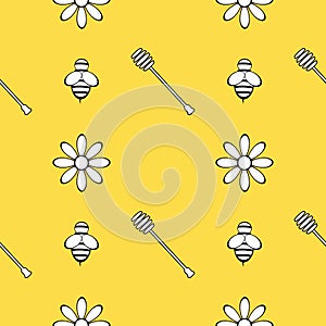 Seamless pattern with honey, bee and flowers. Design elements. Vector illustrations.