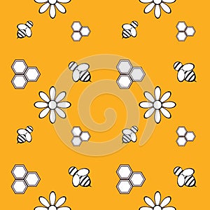 Seamless pattern with honey, bee and flowers. Design elements. Vector illustrations.