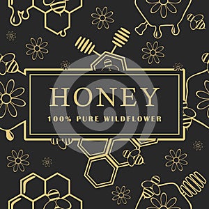 Seamless pattern with honey, bee and flowers. Design elements. Vector illustrations