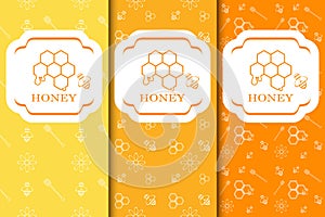 Seamless pattern with honey, bee and flowers. Packaging template. Design elements. Vector illustrations.