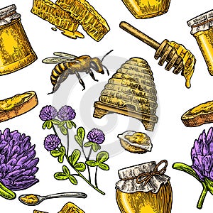 Seamless Pattern with honey, bee, hive, clover, spoon, cracker, honeycomb