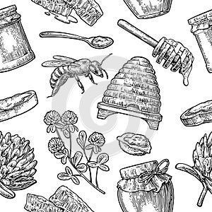 Seamless Pattern with honey, bee, hive, clover, spoon, cracker, honeycomb. photo