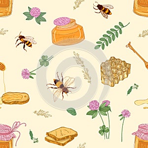 Seamless pattern with honey, bees, honeycomb, linden, acacia, clover plants, jar and dipper on light background