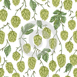 Seamless pattern with hops. Cones, leaves and branches.