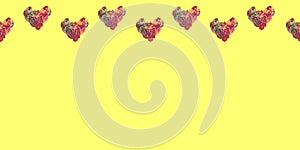 Valentine`s day card.Seamless pattern,horizontal yellow banner with hearts made of iris flowers in wave shape.Copy space