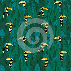 Seamless pattern of hornbills with tropical garden,green left background