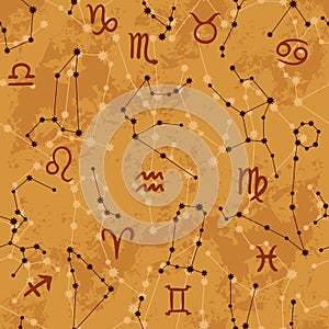 Seamless pattern with horoscope signs and constellations on aged paper background.