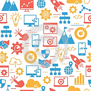 Seamless pattern with hosting, server, database, network and cloud computing icons.