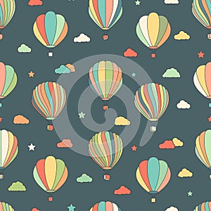 Seamless pattern with hot air balloons, stars, clouds