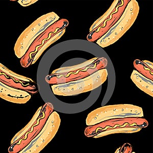 Seamless pattern of the hot dog. handmade street food hot dog banner in doodle style, black outline and color pattern