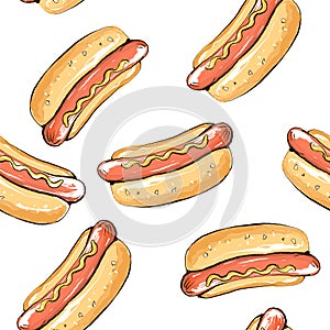 Seamless pattern with hot dog with mustard on a white background