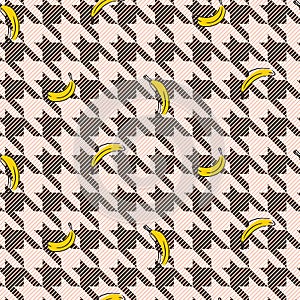 Seamless pattern with houndstooth and banana fabric vector texture design.