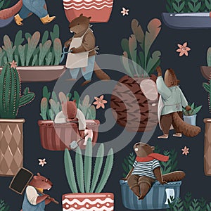 Seamless pattern about houseplant. Little cartoon beavers take care about green plants in pots