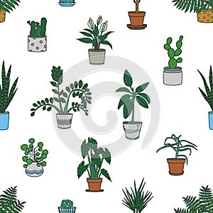 Seamless pattern with houseplants growing in planters on white background. Backdrop with decorative potted plants. Home