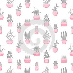 Seamless pattern with houseplants in pots.