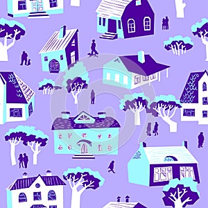 Seamless pattern with houses. Cute town vector illustration. Arc