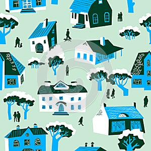 Seamless pattern with houses. Cute town vector illustration. Arc