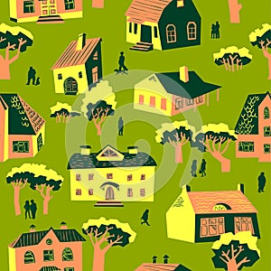 Seamless pattern with houses. Cute town vector illustration. Arc