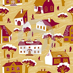 Seamless pattern with houses. Cute town vector illustration. Arc