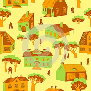 Seamless pattern with houses. Cute town vector illustration. Arc