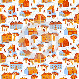 Seamless pattern with houses. Cute town vector illustration. Arc