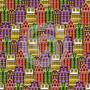 Seamless pattern with houses. Tile little town background. Wrapping paper texture with multicolor buildings. Vector illustrated