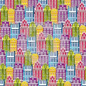 Seamless pattern with houses. Tile little town pastel background. Wrapping paper texture with multicolor buildings.