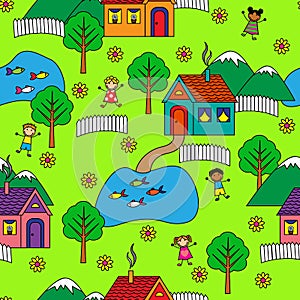 Seamless pattern with houses, trees and people