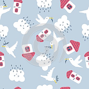 Seamless pattern with houses, white doves and rainy clouds. World peace theme print for T-shirt, textile and fabric. Hand drawn