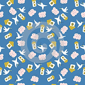 Seamless pattern with houses, white doves and rainy clouds. World peace theme print for T-shirt, textile and fabric. Hand drawn