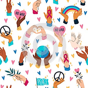 Seamless pattern with human hands. Peace and hippie symbols. Repeated print. Solidarity ribbon in arms. Peaceful dove