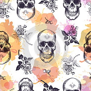 Seamless pattern with human skulls and roses drawn in etching style and translucent orange and pink stains. Creative