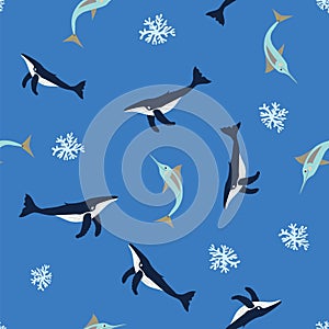 Seamless pattern of humback whales, fish and corals on a blue background. photo