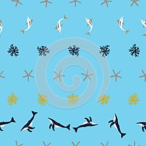 Seamless pattern of humback whales, fish, corals, and starfish on a blue background. Vector illustration. photo