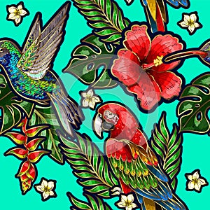 Seamless pattern with humming bird, hibiscus flowers and tropical leaves.