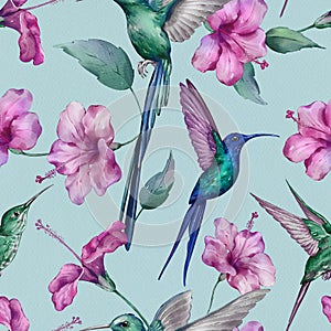 Seamless pattern with hummingbirds hand-drawn painted in watercolor style.