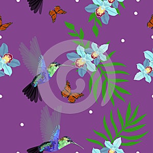 Seamless pattern with hummingbirds, orchids, palm leaves, monarch butterflies. Vector illustration, can be used as a print for