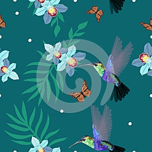 Seamless pattern with hummingbirds, orchids, palm leaves, monarch butterflies. Vector illustration, can be used as a print for