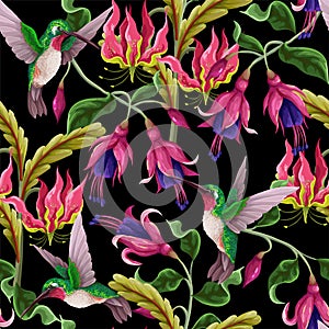 Seamless pattern with hummingbirds and tropical flowers. Trendy vector print.