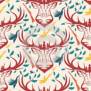 Seamless pattern for hunting theme. deer, duck, gun, bird