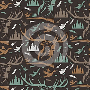 Seamless pattern for hunting theme. deer, duck, gun, bird a