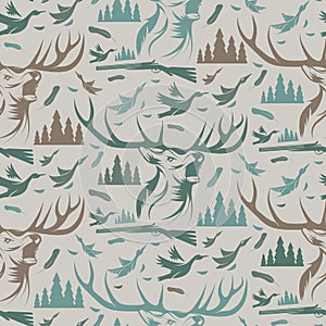 Seamless pattern for hunting theme. deer, duck, gun, bird a