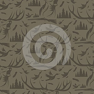 Seamless pattern for hunting theme.deer, duck, gun, bird a